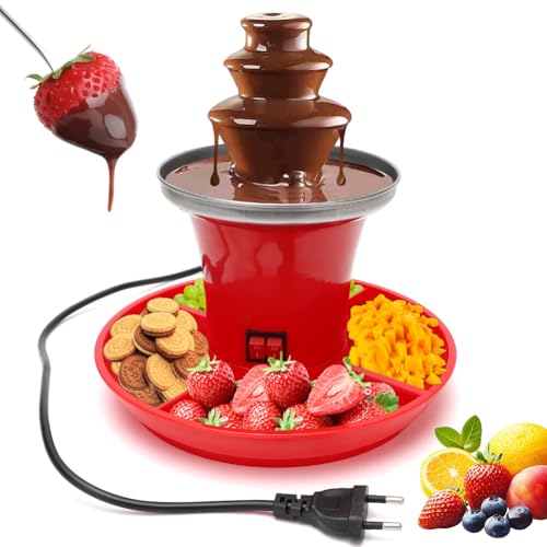 Schokoladenbrunnen mit Obstplatte, Elektrisch Schokolade Brunnen, 3 Etagen Schokobrunnen, Schokobrunnen Klein für Partys, Weihnachten, Silvester, 200ML, 35W –Rot