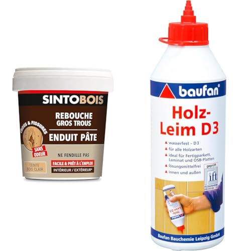 Rebouche bois gros trous Sinto et colle étanche D3 Baufan sans solvant