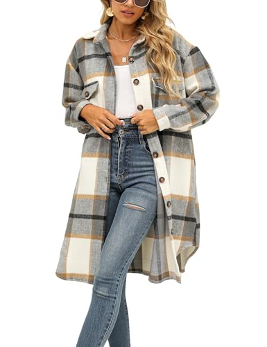 SKIKYAN Women Fall Flannel Plaid Shacket Jacket Oversized Button Down