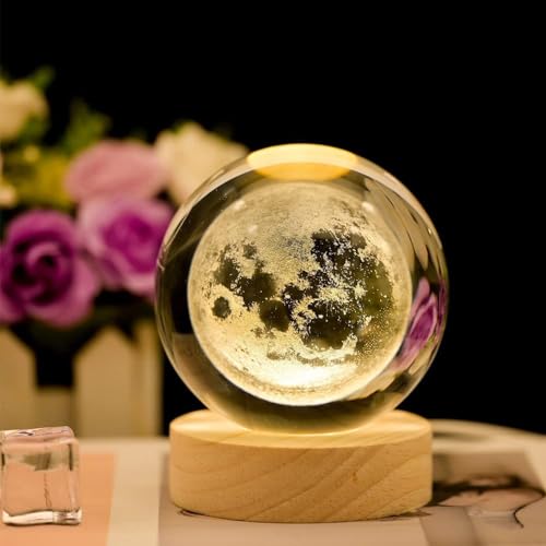 Image of 3D Moon Crystal Ball Lamp - Solar System Night Light, 3D Crystal Ball, Galaxy Lamp Ball, Light with USB Powered 3.15 Inch LED Wooden Base, Perfect for Gifts (Moon)