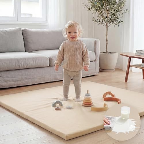 Huloo Sleep Baby Play Mat 50x50 Inches 1.3 Thick Padded Waterproof Floor Cushion & Playpen Mat with Vegan Leather Non-Slip & Non-Toxic Nursery Rug for Infants Toddlers & Kids(Beige)
