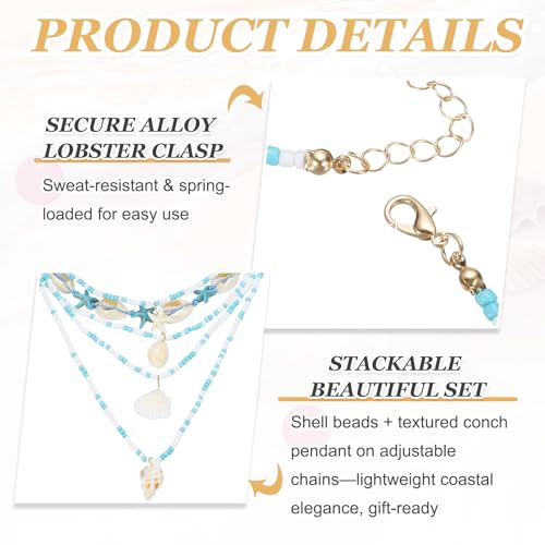 Collier réglable bohème en coquillages bleus et perles de plage faits main - 3