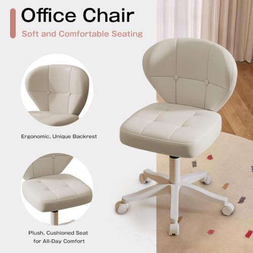 Image of Small Office Chair with Lumbar Support, PU Leather Armless Swivel Desk Chair Adjustable Height, Compact Rolling Chair for Home Office, Bedroom, Study (White Set of 2)