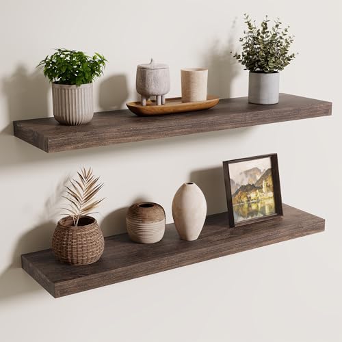 Image of Floating Shelves for Wall, 32in Reclaimed Elm Wood Shelves, Walnut, 2PCs | 8'' D Rustic Solid Elm Wood Shelves for Storage, Wall Mounted Display Shelving with Invisible Heavy-Duty Metal Bracket