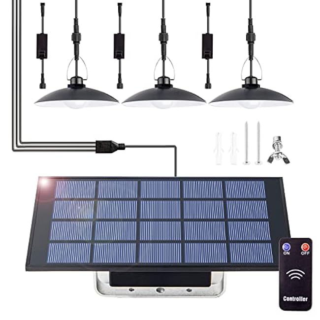 Solar shed Lights Indoor Outdoor with 3 Heads & Remote Control. Solar Powered Pendant Light IP65 Waterproof Hanging Night Lighting for Yard Garage Porch Chicken Coop Gazebo Barn