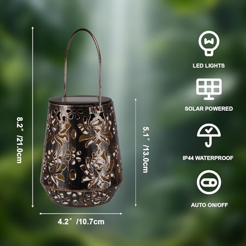 Edenseelake 2 Pack Solar Hanging Lanterns Outdoor Waterproof, Metal Flower Solar Lights, Decorative LED Lantern for Garden, Patio, Porch, Yard, Lawn, Bronze by Edenseelake - Used condition - Image 2