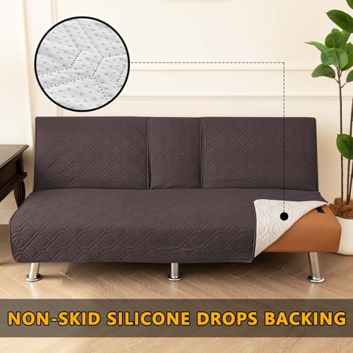 ZYXFYY 4-Piece Waterproof Click Clack Sofa Bed Cover - 3 Seater, Quilted Convertible Folding Futon Cover with 2 Removable Armrests and 1 Cup Holder (Dark Coffee)