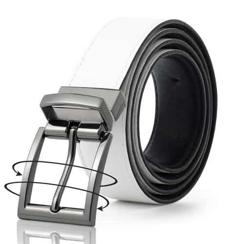 AWAYTR Reversible Leather Belt for Women - Two Color-in-One Belt for Jeans Dress Women Men Belt with Rotated Buckle(White/Black with Gun Color Buckle 32in-38in)