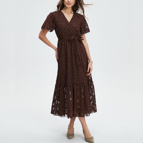 Image of Women's Summer Bohemian Floral Chiffon Dress Cap Sleeve V Neck Ruffle Long Flowy Boho Casual Vacation Dresses