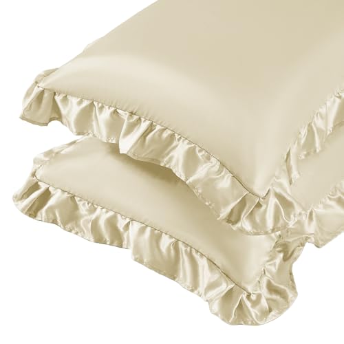 NSGZ Ruffled Satin Pillowcase Set of 2, Queen Size Silky Pillow Shams for Hair and Skin Care, Beige Satin Pillow Covers with Envelope Closure, Anti Wrinkle Pillow Cases for Bohemian Room Decor