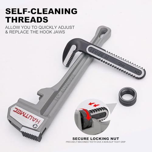 Image of HAUTMEC 14 Inch Aluminum Straight Pipe Wrench, Adjustable Plumbing Wrench, 2 inch Jaw Capacity, Heavy Duty Plumbing Pipe Wrench, for Pipes, Tees, Ball Valves and Other Objects HT0021-PW