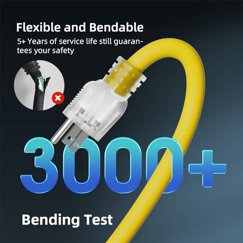 islewire 12 Gauge Outdoor Extension Cord 25 FT Waterproof, 3 Prong Plug, SJTW Heavy Duty 15A 1875W, Yellow Extension Cable with Lighted end for Commercial Use and Major Appliances, ETL Listed by islewire - Image 2