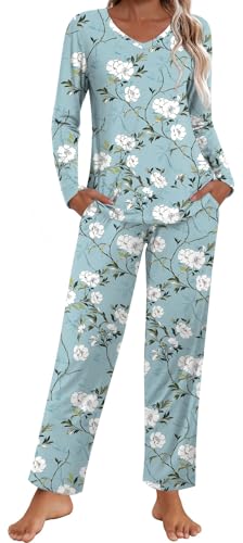 POPYOUNG Women's Pajama Set, Fall Winter Lounge sets Long Sleeves Sleepwear V Neck with pockets 2 Piece Pjs Sets Nightwear