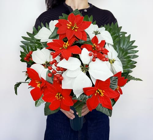 MUVIC 人工墓地フラワーブーケ 花瓶付き 墓用、クリスマスポインセチア、簡単フィット [5]