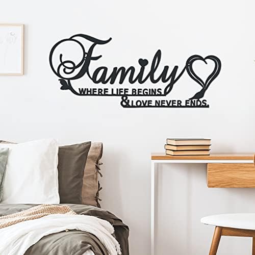 LINYAPRY Family Sign Black Metal Wall Decor, Family Where Life Begins and Love Never Ends Word Wall Art Home Decor, Iron Letters Quotes Wall Hanging Decoration for Living Room Dining Room