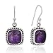 925 Sterling Silver Amethyst Gemstone Dotted Edge Vintage Square Dangle Hook Earrings 1.2"