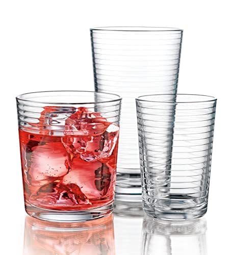 Set Of 18 Drinking Glasses, Includes 6-17 Oz. Highball Glasses, 6-13 Oz. Rock Glasses, 6-7 Oz. Juice Glasses, Ribbed Glasses, For Cocktail, Water, Juice. Dishwasher Safe #TOP1