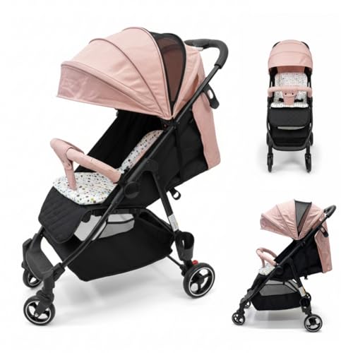 Image of OBABY Stroller with Reclining Seat, Adjustable Canopy, Safety Harness, Smooth Wheels, Compact Folding Design (Handle-Pink)