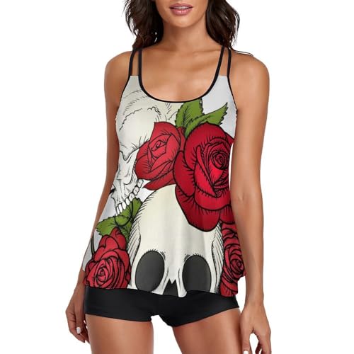Tankini Crâne Fleur Rouge Femme Masquant les Complexe avec Short de Garçon
