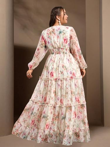 Image of Spring Summer 2024 Plus Size Womens Dresses V Neck Casual Elegant Long Sleeve Floral Print Maxi Dress