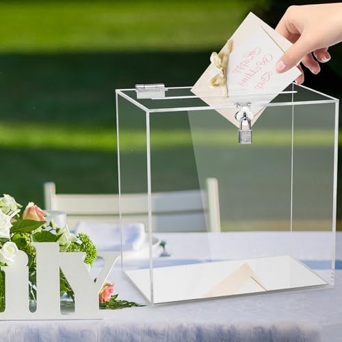 Image of Hooqict Clear Acrylic Card Box with Lock and Slot, Thick DIY Blank Wedding Card Box for Wedding Reception, Large Acrylic Gift Money Holder for Party Graduation Decorations