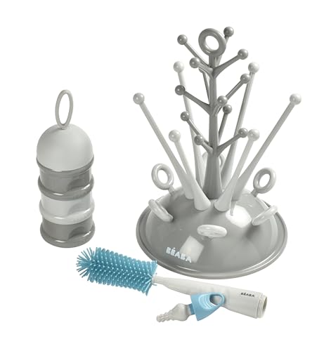 BÉABA, Coffret Naissance Bébé, Set Cadeau Naissance, Egoutte Biberon Arbre Grande Capacité-Gris, Boite Doseuse de Lait Empilable-Gris, Goupillon Biberon...