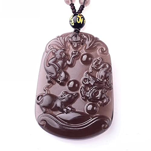 HLbshi Crystal Natural ice Obsidian Chinese Zodiac Necklace Amulet Zodiac Animals Necklace Pendant Bead Chain