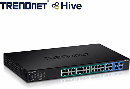 Image of TRENDnet 28-Port Web Smart PoE+ Switch, 24 x Gigabit PoE+ Ports, 4 x Shared Gigabit Ports (RJ-45 or SFP), VLAN, QoS, LACP, IPv6 Support, 370W PoE Power Budget, Lifetime Protection, TPE-5028WS