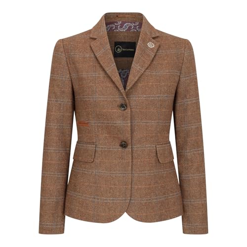 Women's Oak Brown Wool Blend Tweed Herringbone Checkered Blazer Waistcoat