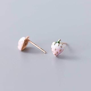 Pendientes de Plata S925 Pendientes de Corazón de Gradiente de Color Rosa Fresa Fresca para Niña de la Señora Joyasoro y rosa, Plata 925