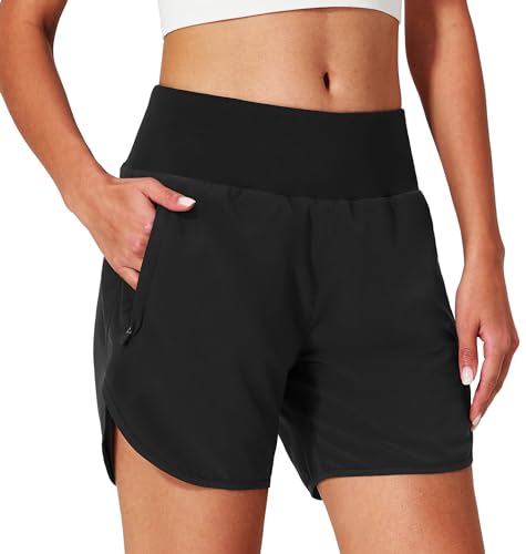 Womens Running Shorts Zipper Pockets High Waisted Quick Dry Athletic Workout Shorts with Liner2