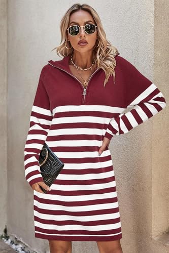Newshows Women's Winter Sweater Dress 2025 Striped Long Sleeve Lapel Collar Chunky Knit Slouchy Oversized Fall Sweaters4