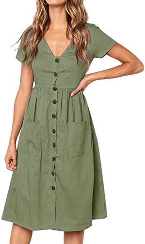 Hervive Women's Casual Summer Short Sleeves Button Down Swing Midi Dress with Pockets