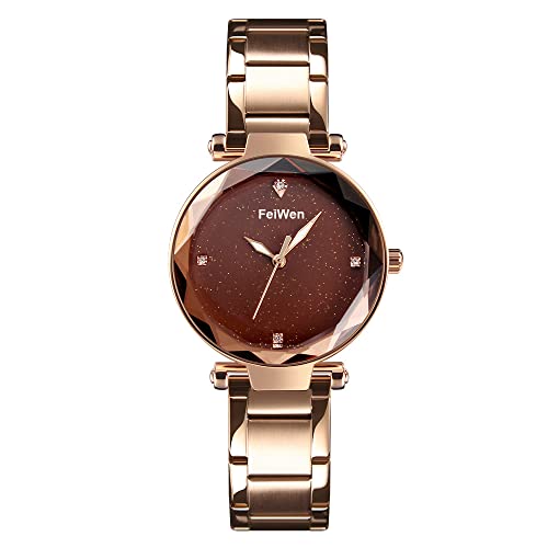 FeiWen Mujer Fashion Lujo Elegante Relojes Acero Inoxidable Cielo Estrellado Marcar y Cristal Poligonal Casual Cuarzo Analógico Reloj de Pulsera (Dorado)