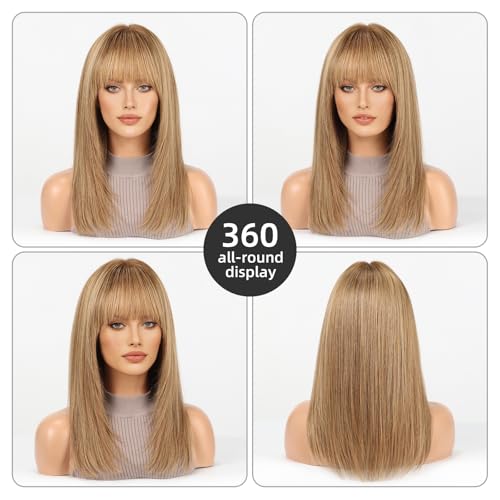 Image of 16 Inch Brown and Gold Ombre Human Hair Wig, Human Hair Wig With Bangs, Real Hair Wigs For Women, real human hair wigs