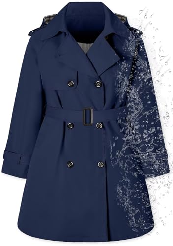 Betusline Girls Rain Jackets Double Breasted Belted Waterproof Hooded Trench Coat Windbreaker Raincoats for Girls Waterproof-2# Navy Blue 4-5T = Tag 120