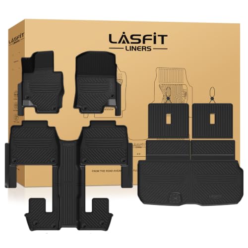Image of LASFIT Floor Mats & Cargo Mat with Seatback for Mercedes Benz GLS 2020-2026 | Fit for 450 /580 /63 AMG (Only Fit 6 Seats with Center Console), All Weather TPE, 3 Rows Mats & Trunk Mat with Backrest