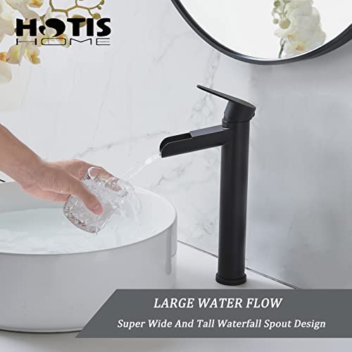 Hotis Vessel Sink Faucet, Matte Black Waterfall Bathroom Faucet, Tall Body Single Hole Single Handle Bathroom Faucet, Bathroom Sink Faucet With Pop Up Drain And 3/8" Hoses Supply Line #TOP4