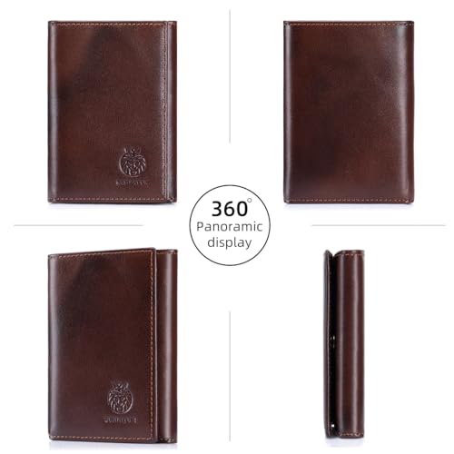 Image of Trifold Wallets for Men RFID Blocking Full Grain Leather Short Mens Wallet with Snap Closure, 8 Card Slots, Clear ID Window, Coffee