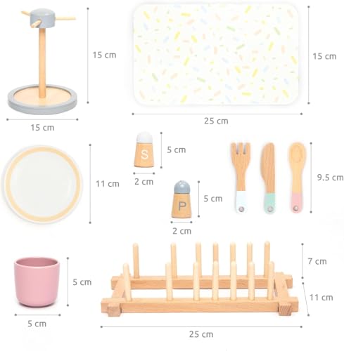 UMU® Large Wooden Dish Set – 28-Piece Tableware for Kids\' Play Kitchen with Plates, Cups, Cutlery & Drying Rack – Pretend Play Kitchen Accessories for Children Ages 3 4 5 6 - Thumbnail 2