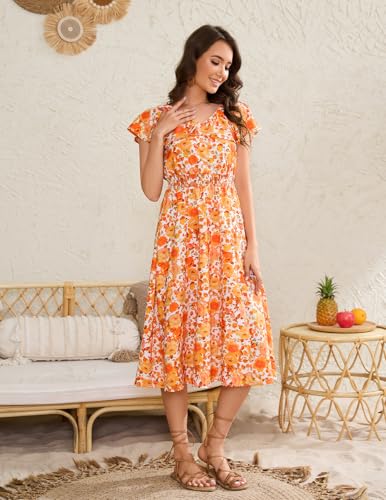 Image of Bridesmay Womens Summer Floral Midi Dresses Ruffle Sleeve Beach Wedding Guest Dress V Neck Swing Flowy Dresses