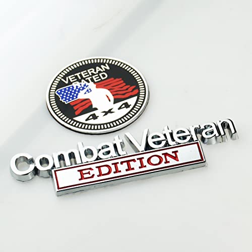 Image of Set of 2 Combat Veteran Edition & 4x4 Rated Metal Automotive Emblem 3D Decal Badge Nameplate for Universal car Truck (Chrome Red)