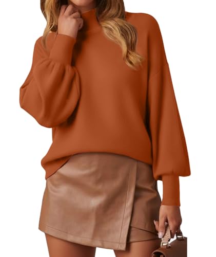Image of WEACZZY Women's Sweater Mock Neck Long Lantern Sleeve Lightweight Knit Tops