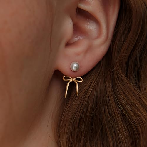 Pearl Earrings for Women Gold Hoop Earrings for Women Trendy 14K Gold Plated/Silver Bow Pearl Huggie Earring Hoops Twist Rope Bow Stud Pearl Dangle Cubic Zirconia Earrings Jewelry Gifts for Women2