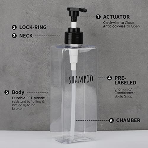 Image of Segbeauty Clear Square Shampoo Bottles, 3pcs 16.9oz Refillable Plastic Lotion Dispenser with Pump, 500ml Empty Reusable Bathroom Shower Bottle Dispense Shampoo Conditioner Body Soap Liquid Gel