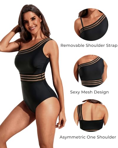 Image of Tempt Me Women One Piece Swimsuits Tummy Control One Shoulder Bathing Suits Ruffle Swimwear