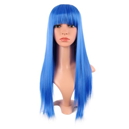 MapofBeauty 24 Pouces/60 cm Longue Droit Avec Frange Synthétique Cheveux Heat Résistant pour Fête Cosplay Perruque (Brillant Bleu)