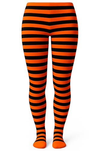 MYSASI Black and Orange Striped Tights Womens Halloween Costume Accessory Medium Stretchy Classic Style Cosplay (US Alpha Medium Regular Regular Black and Orange)
