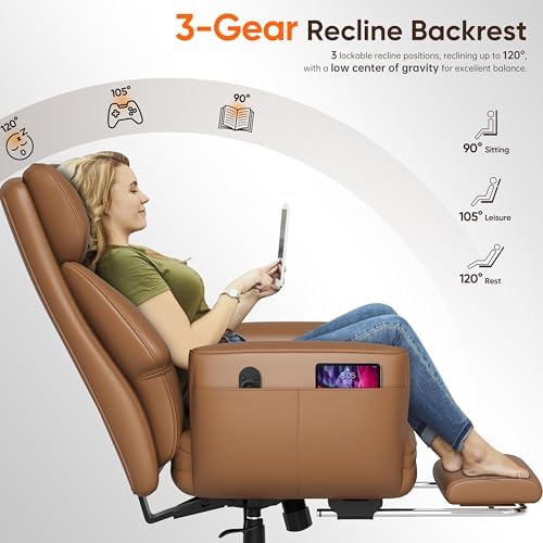 GABRYLLY Ergonomic Chair with Footrest – Wide Cross Legged Chair with Reversible Armrests, 120°Tilt, Heavy-Duty Base, Big and Tall Executive Chair Plus, Brown, GY82766 - Thumbnail 5