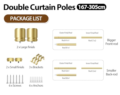 Miniatura 7 de Barra Doble Para Cortinas Dorada 167-305 Cm, Hotozon Barras Extensibles De 25 Mm Para Cortinas Con Ojales, Barra Para Cortinas De Ventana Montada En La Pared Con Remates Con Tapón Para Salón